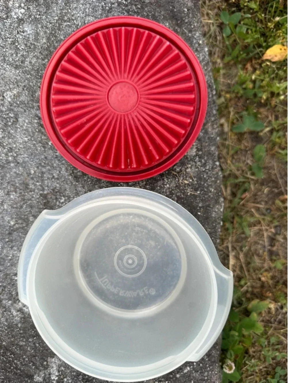 Vintage Tupperware Servalier sheer bowl with red lid